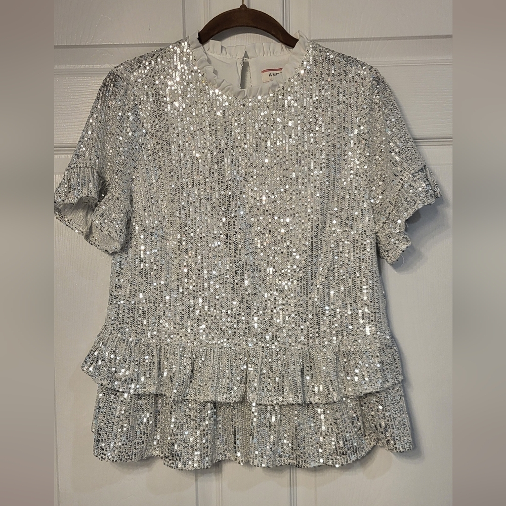 Andree By Unit  Anthropologie Silver Sequined Ruffled Blouse Size Small